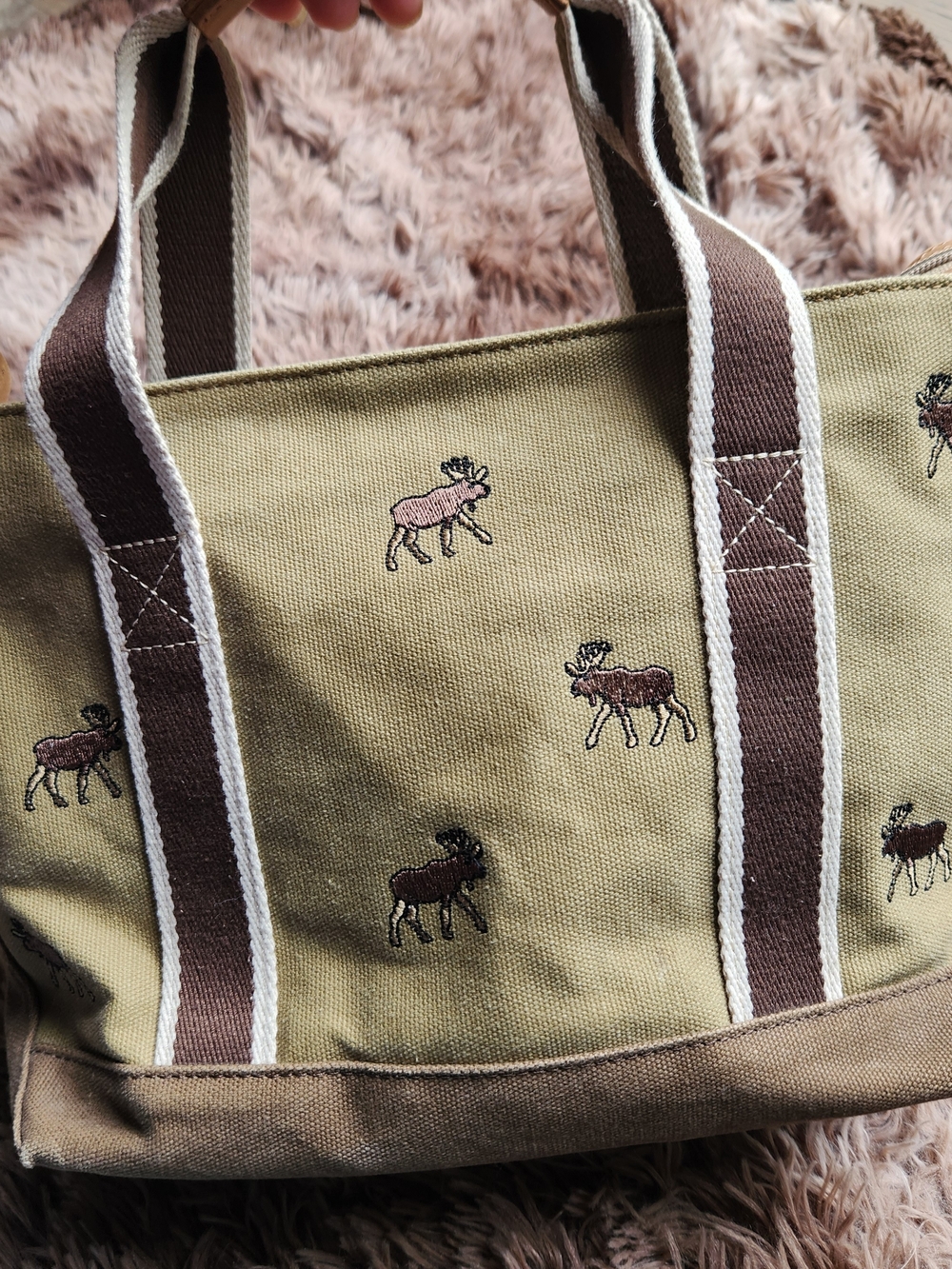 Vintage L.L. Bean Olive Green Canvas Tote with Brown Trim and Moose Embroidery